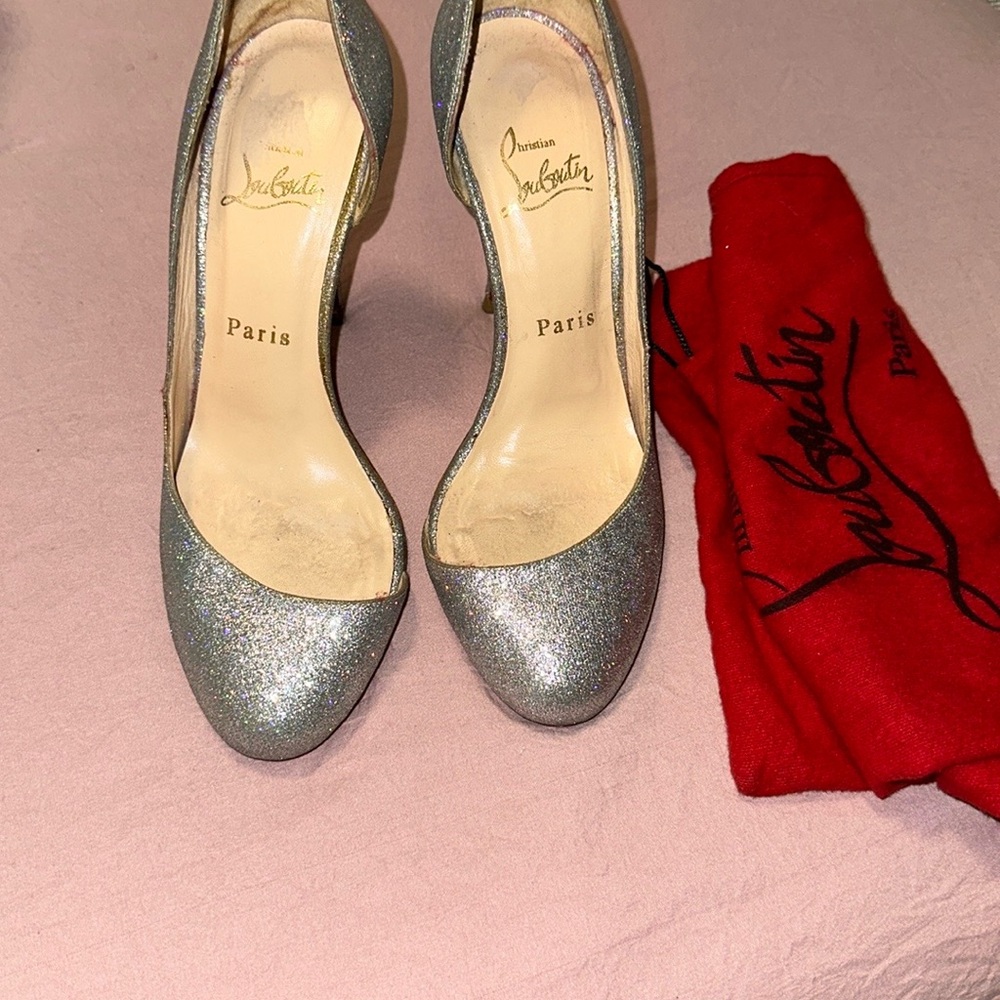 Authentic Christian Louboutin  Helmour Silver Glitter D'Orsay Heel